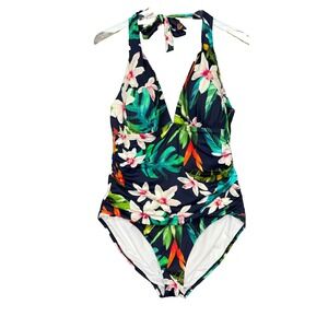 Lauren Ralph Lauren Swimsuit Womens 16 Blue Floral One Piece‎ Halter Tie Padded